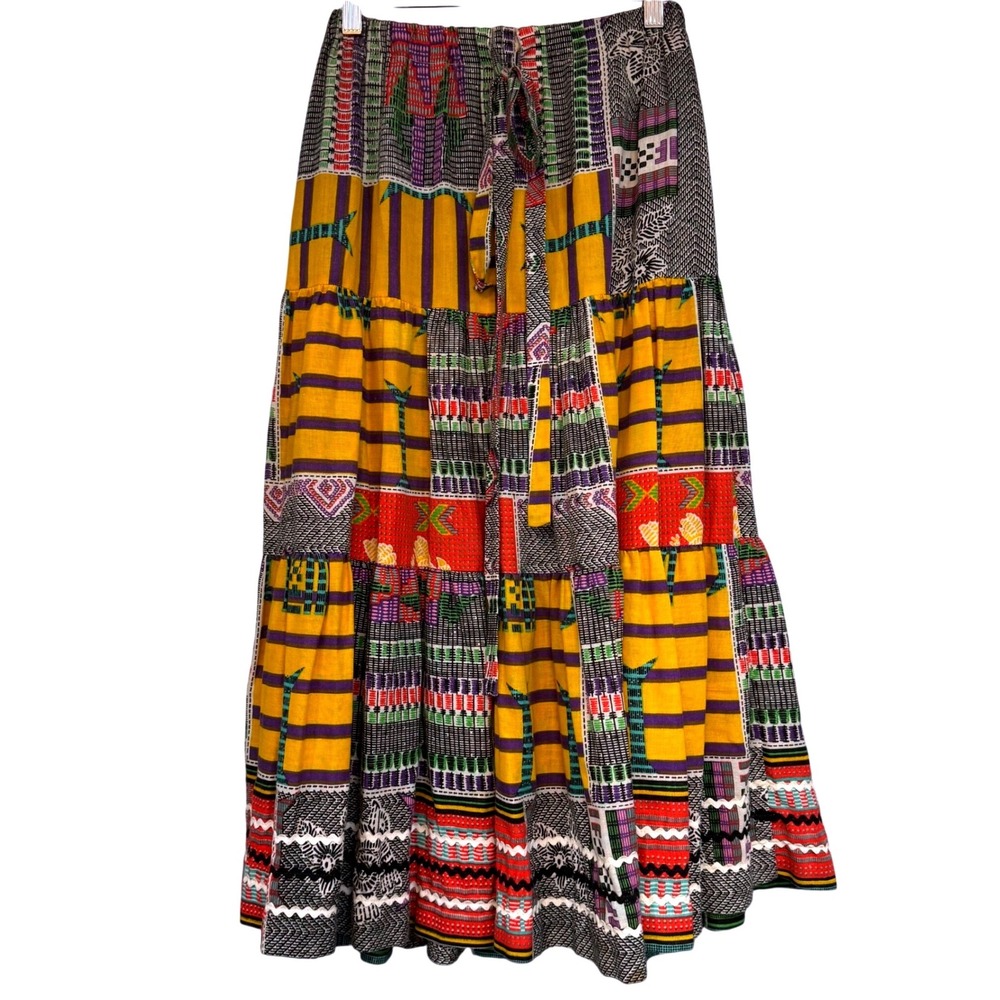 Chessa Davis Vtg Tiered Maxi Skirt Patchwork Boho Multi Color Geometric Print